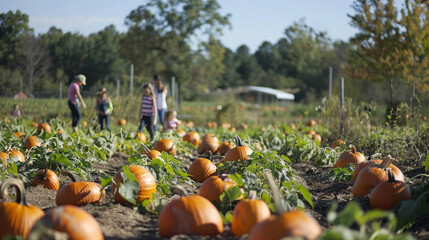 a pumpkin patch with families picking pumpkins in the fall