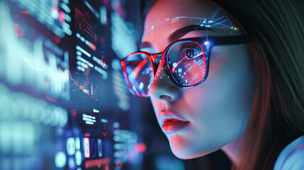 A woman in glasses examining digital interfaces with data overlaying her face. UX coding, big data analytics, artificial intelligence, technology, and innovation in high-tech environment. Close up