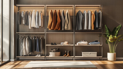 Modern wardrobe setup featuring neatly arranged clothing and accessories, showcasing a minimalistic and organized approach to wardrobe design with stylish storage solutions