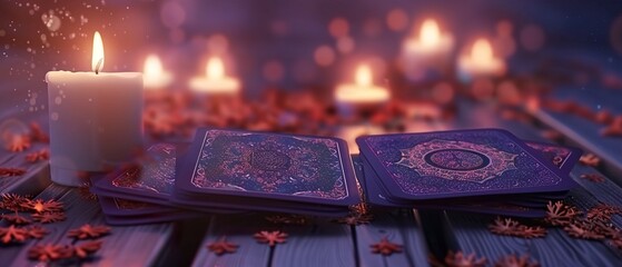 atmospheric mystical background with tarot cards, various elements of esotericism, magic, and witchcraft