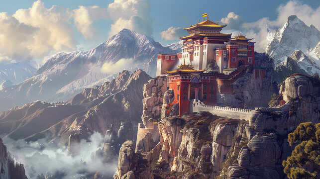 traditional Tibetan monastery perched on a mountain ledge