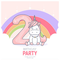 Birthday invitation with baby unicorn.Vector illustration.