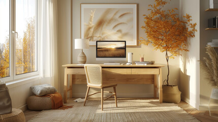 fall home office decor, a simple fall-themed home office with a modern desk, soft lighting, and subtle seasonal touches creates a warm and inviting workspace