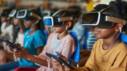students using tablets and VR headsets in a smart classroom