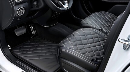 Corner of car mat with floor holder in white car interio