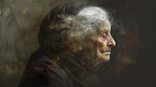 Depict an ambiguous image that can be seen as either an old woman or a young woman