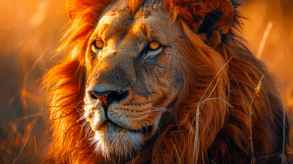 Fototapeta premium A majestic lion stands tall in the African savannah. Portrait of a Big lion in Kenya Africa at sunset. lion savanna predator, close up. Poster, picture