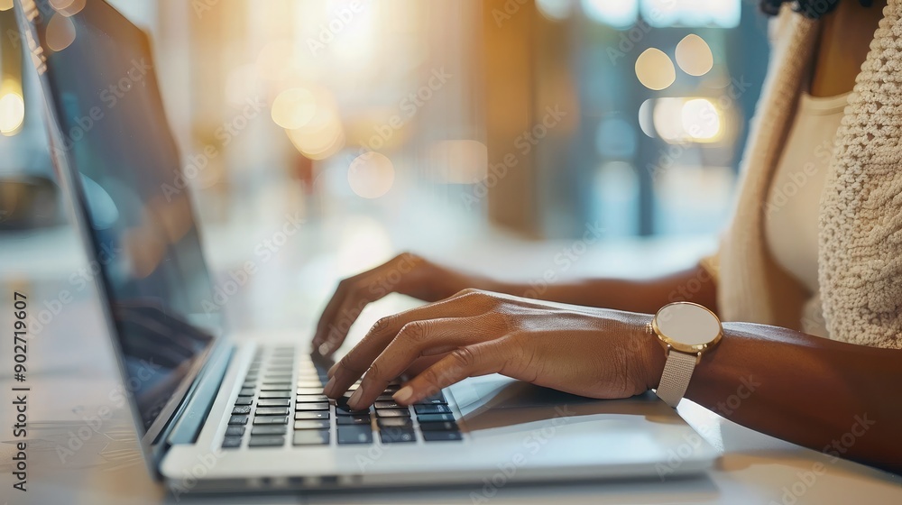 Poster close-up of a businessman hands typing on a laptop. blank space for additional text on the left.