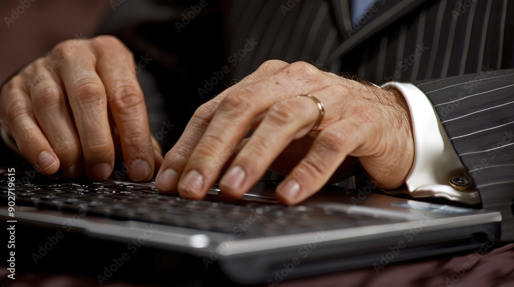 Poster close-up of a businessman hands typing on a laptop. blank space for additional text on the left.