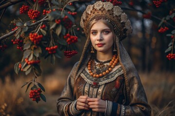 A beautiful girl in a traditional Russian national costume. Against the background of rowan trees. The portrait symbolizes the traditions and beauty of the Russian people.