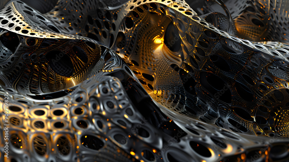 Poster a futuristic abstract design featuring black and gold perforated mesh with intricate textures and dy