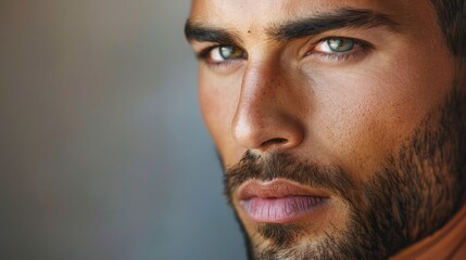 Obraz premium Close-up of a handsome man's face, highlighting his strong jawline. Plenty of copy space on the left side.