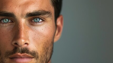 Obraz premium Close-up of a handsome man's face, highlighting his well-defined features. Ample copy space on the left side.