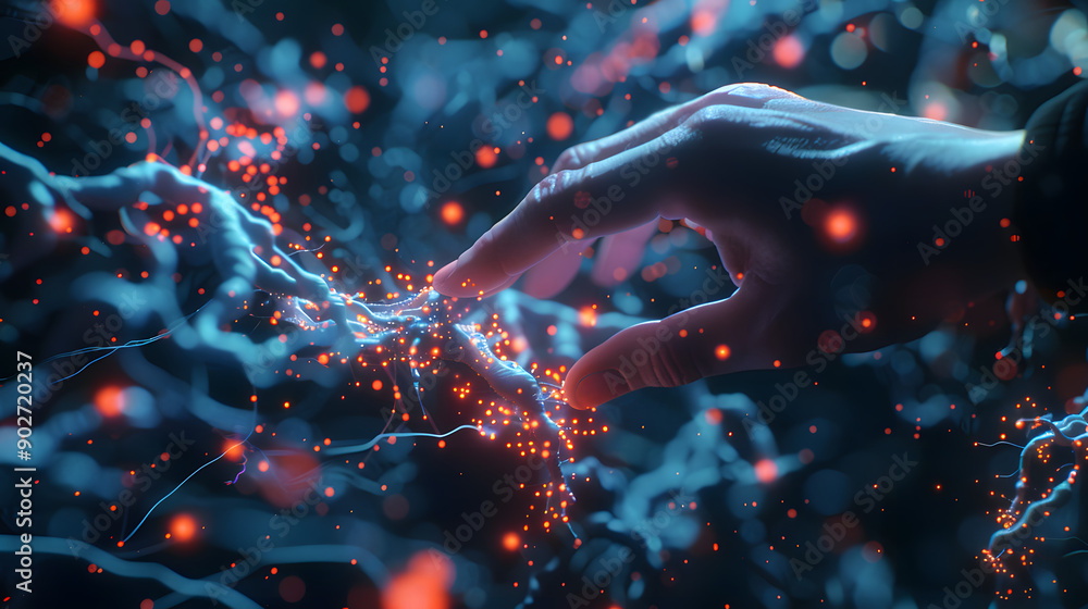 Poster a hand touches a digital interface with a glowing network of points and lines, representing futurist