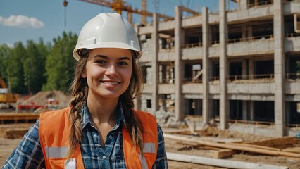 A construction worker woman stands confidently on a job site, wearing a hard hat and safety vest