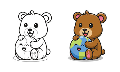 Cute bear with earth cartoon coloring pages