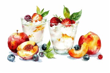 Sweet Dairy Delight. Watercolor Illustration of Homemade Cottage Cheese with Assorted Fruits