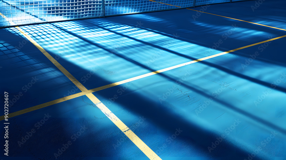 Poster a vibrant blue sports court is seen under sunlight, casting grid-like shadows from netting, creating