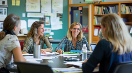 of teachers collaborating in a faculty meeting
