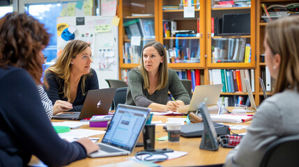 of teachers collaborating in a faculty meeting