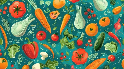 Naklejka premium Colorful and playful seamless pattern of different vegetables and herbs.