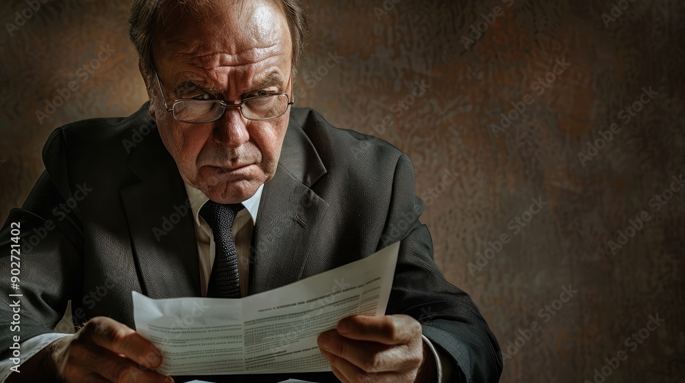 Poster businessman with a focused expression, working on a report. copy space available on the left side.