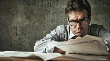 Obraz premium Businessman with a focused expression, working on a report. Copy space available on the left side.