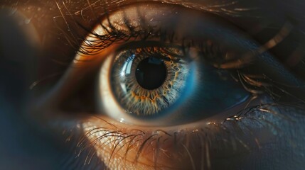 A close-up shot of a person's blue eye with details visible