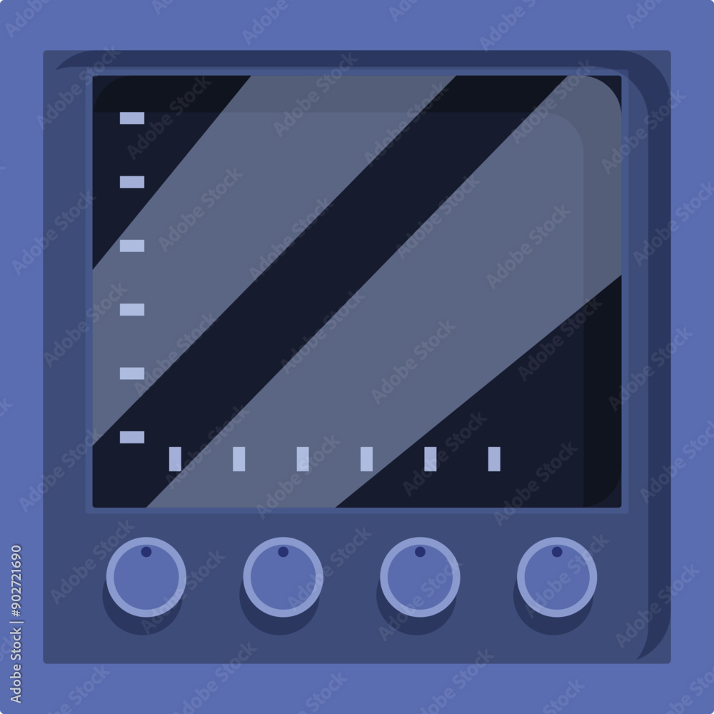 Poster control panel with buttons and a screen displaying data is being monitored, in cartoon style