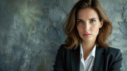 Fototapeta premium Businesswoman with a serious expression, looking focused. Copy space on the right for text or branding.