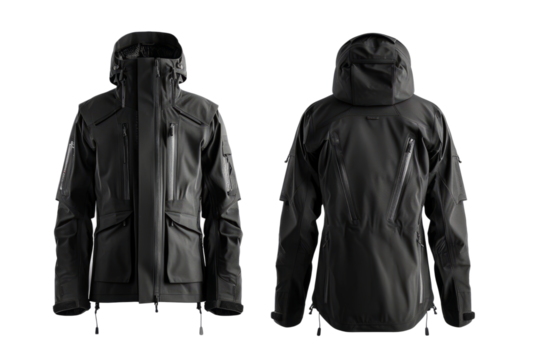 Black ski jacket for winter adventures, front and back views, on a clean white background.