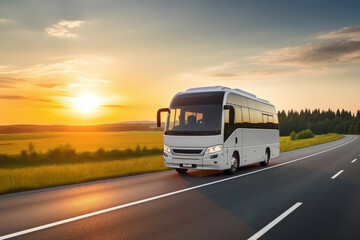 White minibus traveling on a highway at sunset, representing intercity and public transport