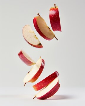 Sliced Red Apple Falling in Mid Air