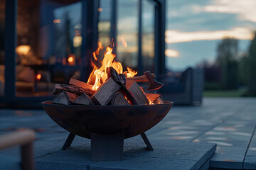 A fire bowl with three axes and wood inside, on the patio of an American house in the evening