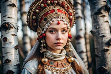 Obraz premium A beautiful girl in a traditional Russian national costume. Against the background of a birch grove. The portrait symbolizes the traditions and beauty of the Russian people.