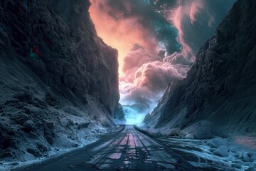Futuristic landscape with road through icy mountains and glowing clouds