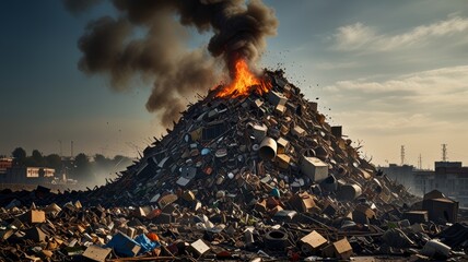 A huge pile of household garbage over fifty meters high, smoldering