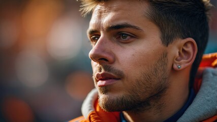Fototapeta premium Young Man Deep in Thought at Sports Event 