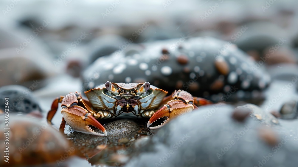 Poster a strikingly colorful crab with intricate blue and orange patterns is seen on wet rocks, capturing t