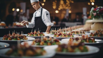 Fototapeta premium Chefs preparing gourmet dishes in a modern commercial kitchen setting.