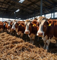 Group of cows at cowshed eating hay or fodder on dairy farm.