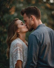Fototapeta premium Loving Couple Sharing a Gentle Kiss Outdoors 
