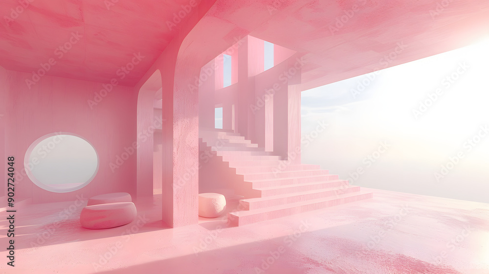 Poster minimalist pink architecture featuring stairs, arches, and a large spherical object, creating a sere