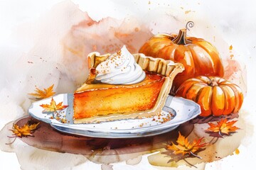 Thanksgiving Pumpkin Pie Slice. Watercolor Illustration of Traditional Fall Dessert with Whipped Cream and Festive Decor
