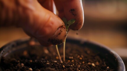 "Close-up of a hand planting seeds into a small pot, ideal for gardening blogs and planting tutorials"
