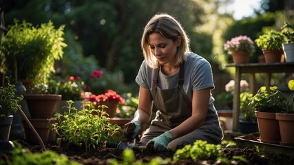 Woman Gardening in Lush Backyard Setting
