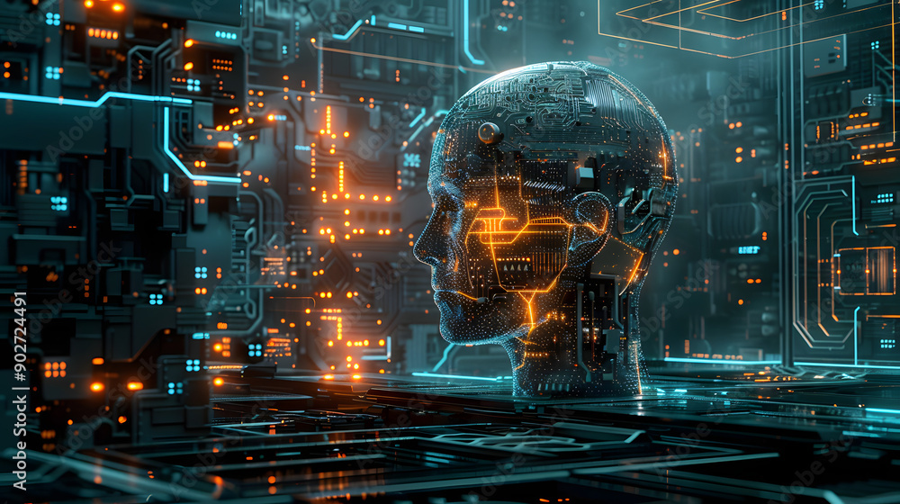 Poster a cybernetic brain integrated into digital circuitry, symbolizing the fusion of human intelligence a