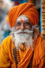 Portrait of senior Indian man in a turban smiling to camera on the street