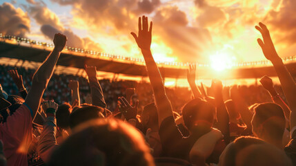 Sport fans cheering for their team on stadium at sunset. Crowd of Fans with Painted Faces Celebrate Championship Victory. Soccer, football, tennis fans celebrate victory.