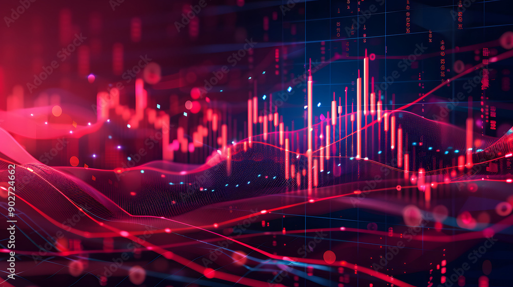 Poster an abstract visualization of financial data featuring colorful graphs and lines, illustrating market